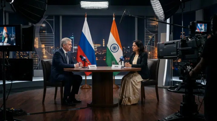 Diplomatieke setting interview Sergey Lavrov met RT India